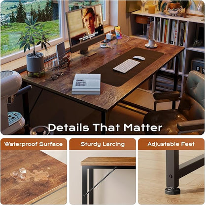 PRAISUN 40 X 24 Inch Deeper Desk with Power Outlets | Small Computer Desk for Bedroom, Office Desk for Work from Home, Writing Study Gaming Table, Stable Metal Frame, Rustic Brown