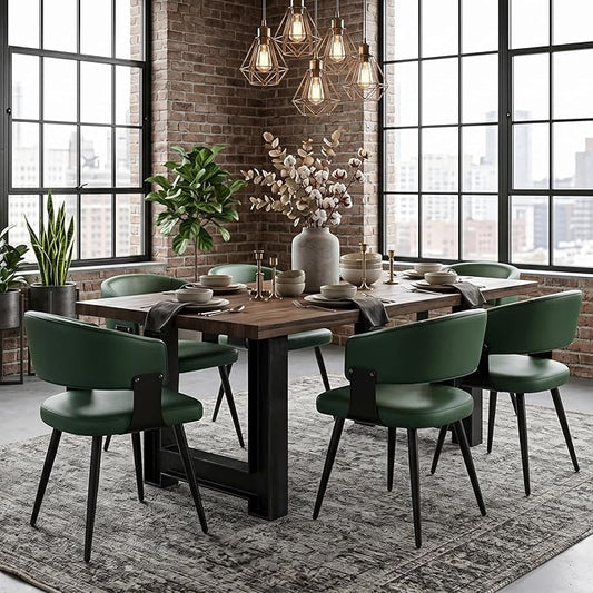 Dining Chairs Set of 6, Modern Upholstered PU Leather Kitchen & Dining Room Chairs with Curved Open Back Metal Legs, Kitchen Chairs for Dining Room Restaurant (Green, Set of 6)