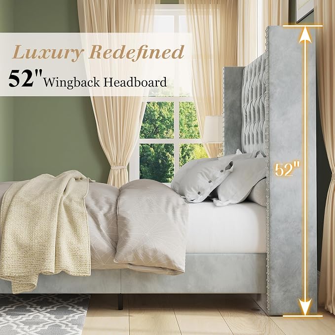 Jocisland King Size Bed Frame with 51.6” Wingback Tufted Velvet Headboard, Modern Upholstered Platform Bed, No Box Spring Needed, Easy Assembly, Light Grey
