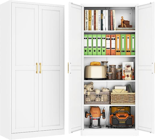 71" Metal Pantry Cabinet,Storage Cabinet with Doors and Shelves | Metal Storage Cabinet,Gold Handles,Adjustable Shelves,Magnetic Doors,Leveling Feet,Anti-tipping,for Kitchen/Garage White