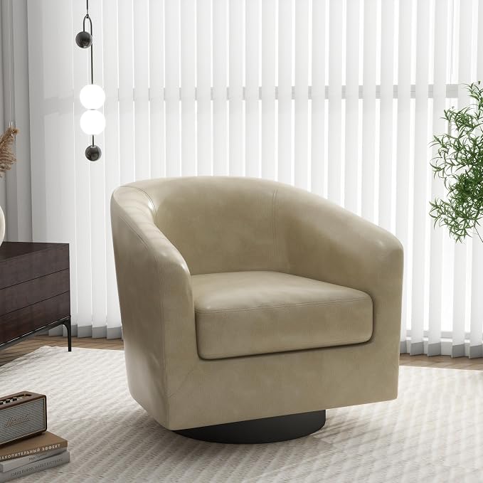 Swivel Barrel Accent Chair, Modern Round Faux Leather Arm Chair for Living Room, Bedroom, Comfy Club Reading Chairs for Adults(Faux Leather, Cream, Set of 1)