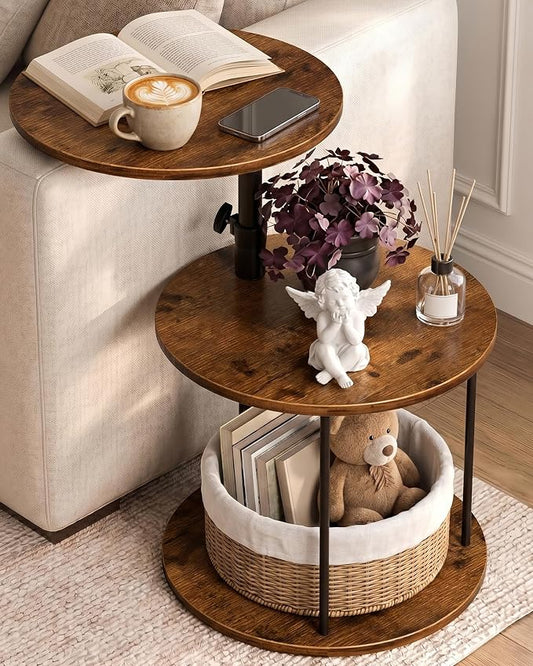 Faesun Swivel Round Table for Couch Arm, Height Adjustable C Shaped End Table for Recliner or Bed, Tv Trays with Storage Shelf for Small Spaces- Small Nightstand for Living Room, Bedroom, Rustic