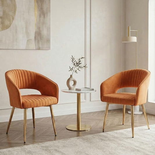Hyfirm Orange Velvet Dining Chairs Set of 2, Modern Gold Legs Dining Room Chairs with Hollow Back, Upholstered Accent Kitchen Chairs for Living Room/Reception/Restaurant