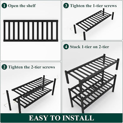 Smiry Bamboo Shoe Rack, 3 Tier Free Standing Wooden Shoe Organizer, Stackable Wood Shoe Storage Shelf for Closet, Entryway, 12 Vertical Slats, 2+1 Stack Standard Legs, 26.8"x11"x19.5", Black
