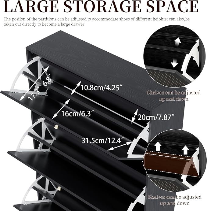 Fsbecl Shoe Storage Cabinet for Entryway with 3 Flip Drawers, Narrow Shoe Organizer with Fluted Panel, Freestanding Wood Hidden Shoe Cabinet for Hallway(Black, 31.4''W, Double Layer)