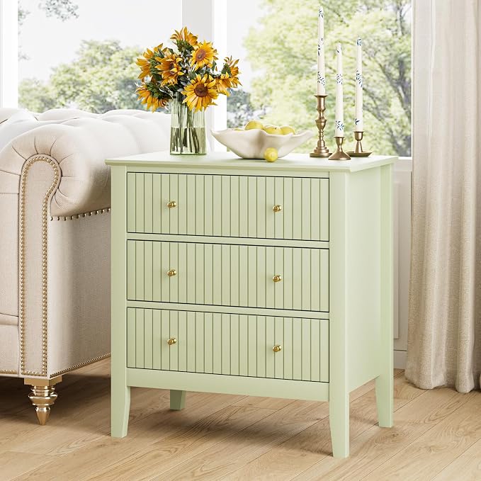 Night Stand, Fluted 3 Drawer Wide Farmhouse Nightstand with Gold Handle, Modern Wooden Bedside End Table for Bedroom, Living Room, Pale Green