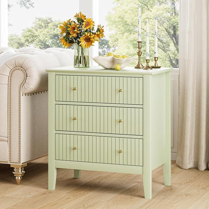 Night Stand, Fluted 3 Drawer Wide Farmhouse Nightstand with Gold Handle, Modern Wooden Bedside End Table for Bedroom, Living Room, Pale Green