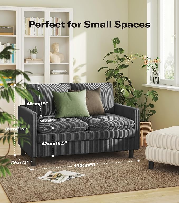 Welzona 3-Layers Cloud Loveseat Sofa, 51" Corduroy Small Couch for Living Room, Bedroom - Tool-Free Assembly Small Sofa - Grey - Futon Couch - Removable Washable Covers - 650lbs Capacity