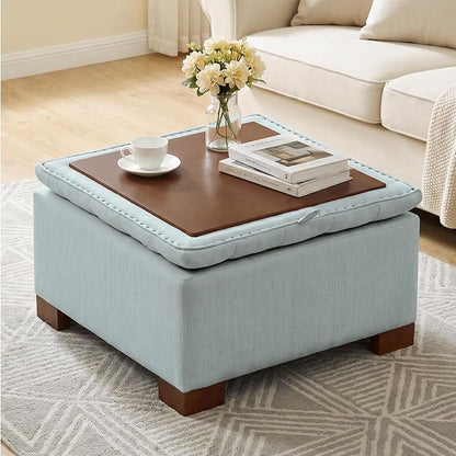 30 Inch Square Storage Ottoman Coffee Table, Modern Tufted Upholstered Ottoman with Flip Tray and Solid Wood Legs, Suitable for Living Rooms, Linen Blue