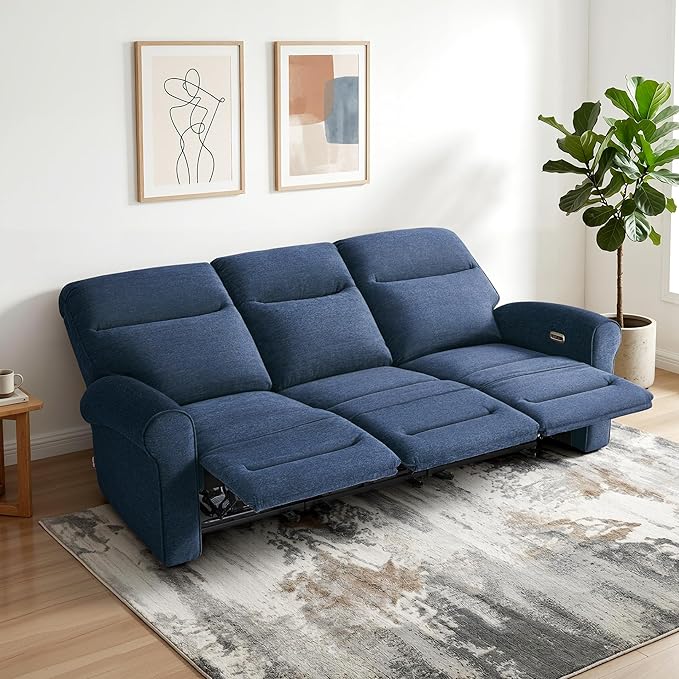 MCombo 87.8" Wall Hugger Power Reclining Sofa, 3-Seat Triple Recliner Couch with USB Ports, Rolled Arm Space Saving Recliner Sofa for Living Rooms Apartments RV, Fabric PR635M5 (Navy Blue)