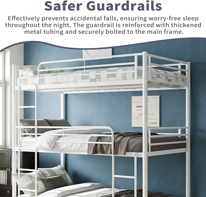 Metal Triple Bunk Bed with Ladder for 3 Kids/Teen/Adults Bedroom,Twin Over Twin Over Twin Heavy Duty Metal Bunk Bed, Heavy Duty Triple Bed Frame for Girls & Boys, No Box Spring Needed (White)