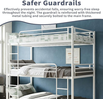 Metal Triple Bunk Bed with Ladder for 3 Kids/Teen/Adults Bedroom,Twin Over Twin Over Twin Heavy Duty Metal Bunk Bed, Heavy Duty Triple Bed Frame for Girls & Boys, No Box Spring Needed (White)
