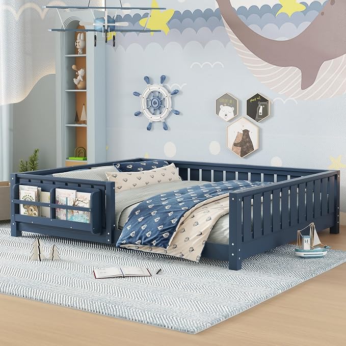Bellemave Queen Size Floor Bed with Slats and Safety Guardrail, Queen Size Montessori Floor Bed with Fence and Built-in Bookshelf, Easy Assemble Montessori Beds for Girls, Boys, Blue