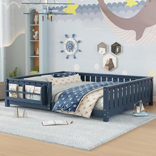 Bellemave Queen Size Floor Bed with Slats and Safety Guardrail, Queen Size Montessori Floor Bed with Fence and Built-in Bookshelf, Easy Assemble Montessori Beds for Girls, Boys, Blue