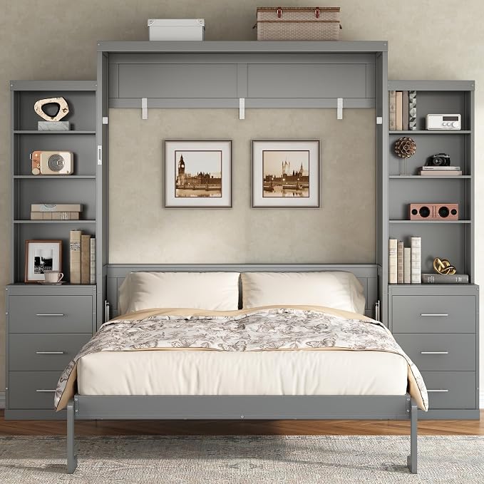 Murphy Bed Full Size,Murphy Bed with Storage Shelves and Drawers,Wall Bedframe w/Wood Slatk,can be Folded,No Box Spring Needed,for Bedroom Apartment,Gray