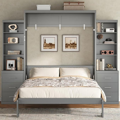 Murphy Bed Full Size,Murphy Bed with Storage Shelves and Drawers,Wall Bedframe w/Wood Slatk,can be Folded,No Box Spring Needed,for Bedroom Apartment,Gray