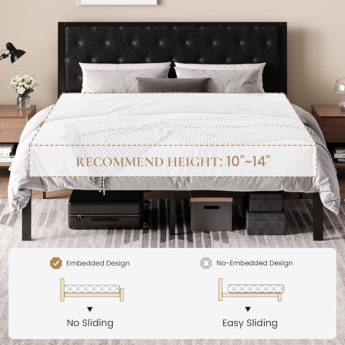SHA CERLIN King Size Metal Bed Frame with PU Tufted Headboard, Black | Modern Design Heavy-Duty Platform Bed, No Box Spring Need, PU Leather Upholstery, Noise Free, Easy Assembly