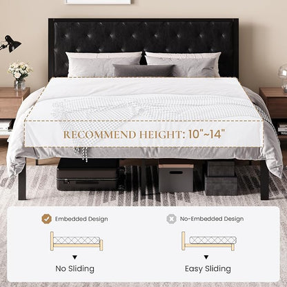 SHA CERLIN King Size Metal Bed Frame with PU Tufted Headboard, Black | Modern Design Heavy-Duty Platform Bed, No Box Spring Need, PU Leather Upholstery, Noise Free, Easy Assembly