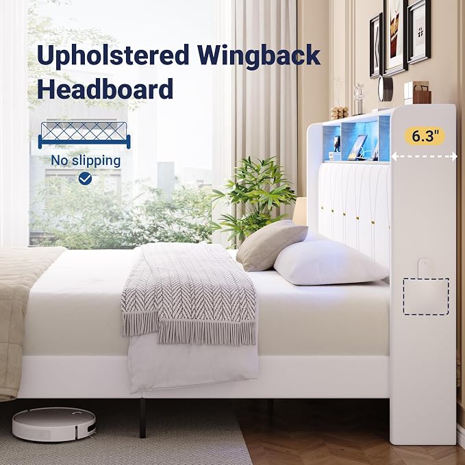 Allewie King Bed Frame with 2-Tier Storage Headboard, Charging Station & LED Lights, Velvet Upholstered Platform Bed with 2 Drawers, Wingback Headboard, Gold Button Tufted, No Box Spring Needed, White