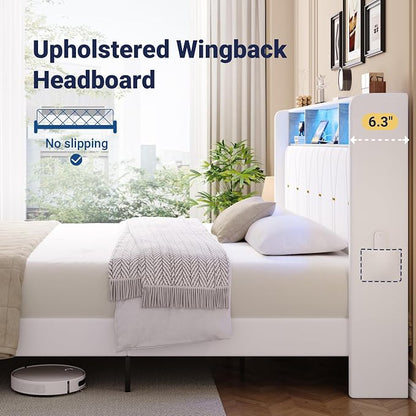 Allewie King Bed Frame with 2-Tier Storage Headboard, Charging Station & LED Lights, Velvet Upholstered Platform Bed with 2 Drawers, Wingback Headboard, Gold Button Tufted, No Box Spring Needed, White