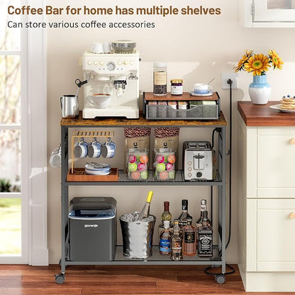 3 Tier Rolling Kitchen Microwave Cart with Power Outlet, 33 Inch Microwave Table Stand with Adjustable Shelf, Kitchen Storage Island Utility Cart Bakers Rack Coffee Bar for Living Room, Office