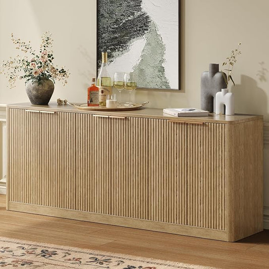 Evermagin 67" Fluted Oak Buffet Cabinet Sideboard with Storage, Large Credenza with 6 Doors, Wood Mid Century Modern Sideboard for Kitchen and Living Room (67"*31.5"*15.7")