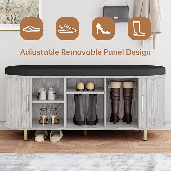 DHH 2-Tier Storage Bench,Wide Shoe Bench with Thickened Padded Seat Cushion, Mid Century Modern Fluted Sliding Door and Adjustable Shelf, for Entryway, Living Room, Bedroom (Grayish White, 43.3“)