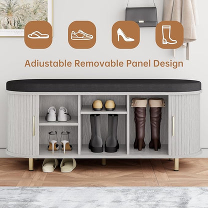 DHH 2-Tier Storage Bench,Wide Shoe Bench with Thickened Padded Seat Cushion, Mid Century Modern Fluted Sliding Door and Adjustable Shelf, for Entryway, Living Room, Bedroom (Grayish White, 43.3“)