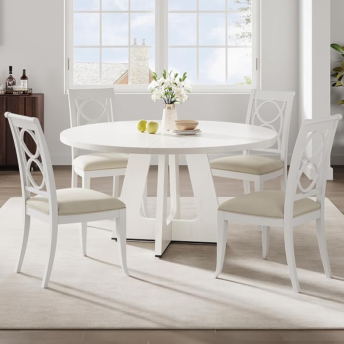 GAOMON 47 Inch Round Dining Table for 4-6 People, Circle Dinner Table with Wooden Cross Pedestal Base, Farmhouse Kitchen Furniture for Dining Room, Living Room, Kitchen (Table Only) - Antique White