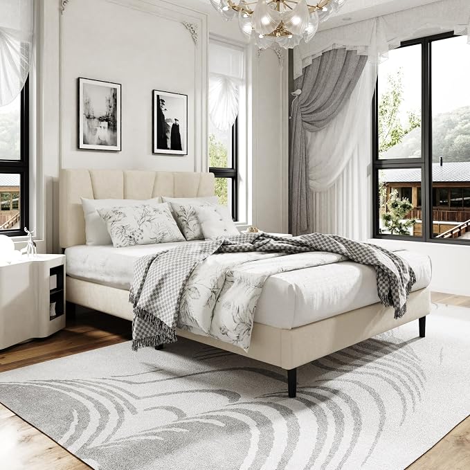 Sismplly Full Size Platform Bed Frame with Upholstered Headboard, Wooden Slats Support, Noise Free, No Box Spring Needed, Easy Assembly, Beige, Velvet