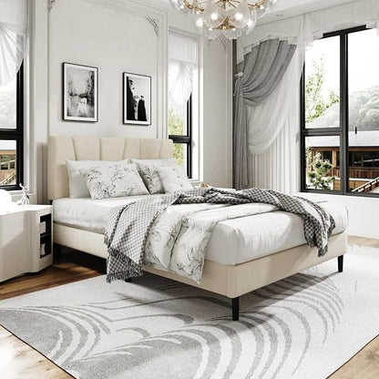 Sismplly Full Size Platform Bed Frame with Upholstered Headboard, Wooden Slats Support, Noise Free, No Box Spring Needed, Easy Assembly, Beige, Velvet