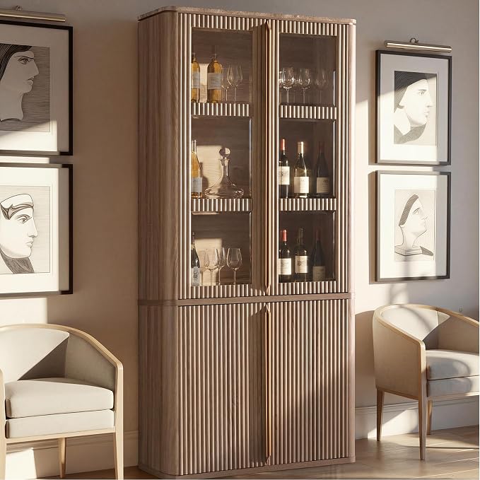 77" Tall Storage Cabinet - Fluted Pantry Cabinets with Glass Doors, Wooden Kitchen Food Cupboard, Adjustable Shelves, Modern Display Storage Closet for Living Room, Dining Room, Office, Oak 2pcs