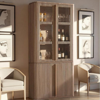 77" Tall Storage Cabinet - Fluted Pantry Cabinets with Glass Doors, Wooden Kitchen Food Cupboard, Adjustable Shelves, Modern Display Storage Closet for Living Room, Dining Room, Office, Oak 2pcs