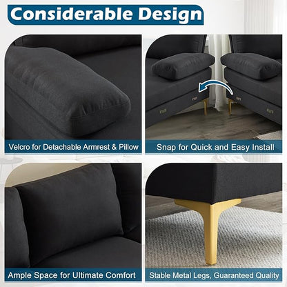 VINGLI 110" Modern Sectional Couch with 51" D Double Chaise, Black Deep Seat U Shaped Couch with Removable Pillows & Metal Legs, Comfy 4-Seat Sofas for Living Room, Linen Fabric