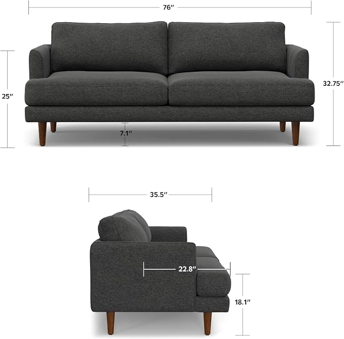 SIMPLIHOME Livingston 76" Wide x 33" High Sofa in Charcoal Grey Woven-Blend Fabric, Handcrafted Loveseat Couch for Living Room or Family Room, Mid-Century Modern Style, Solid Wood Frame