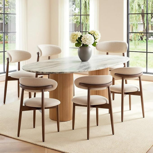 COLAMY Mid-Century Modern Wooden Dining Chair Set of 6, Indoor Upholstered Kitchen Chairs with 2.6" Cozy Padded Seat, Walnut Finish Side Dining Chair for Dining Room & Kitchen, Beige