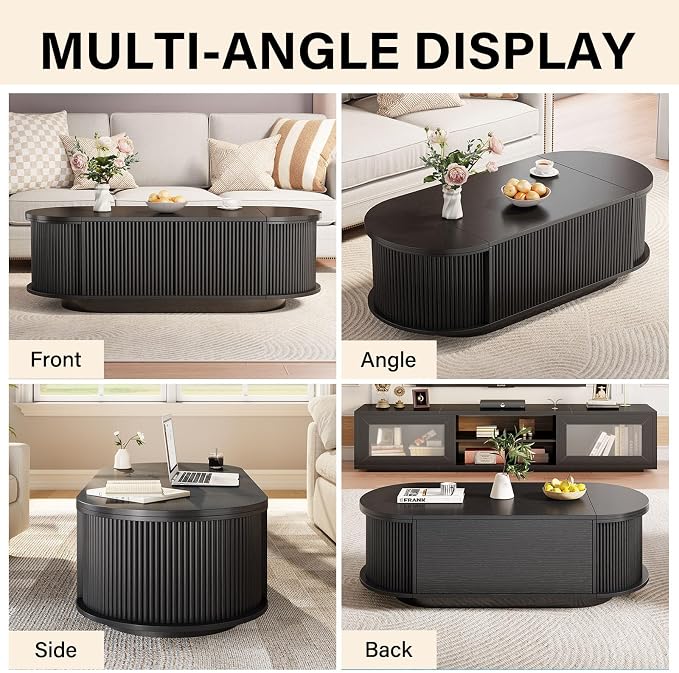 HSH 47" Oval Coffee Table with Storage, Black Coffee Table for Living Room | Modern Center Table with Press Type Door, Fluted Living Room Tables with 2 Flip-Top Hidden Lids, Wood Table