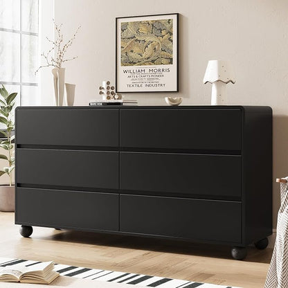 MAISONARIA Mid-Century 3-Piece Dresser Bedroom Set, 6 Drawer Dresser & 2 Drawer Nightstands with Curved Profile Design & Handle Free, Wood Chest of Drawers for Bedroom, Living Room, Hallway, Black
