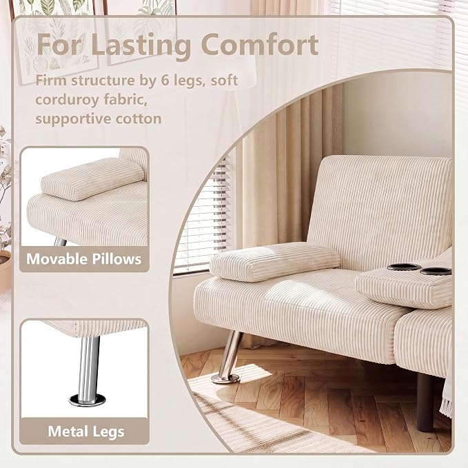 Flamaker Futon Sofa Bed Corduroy Folding Couch Adjustable Sleeper Sofa Bed for Small Apartment Upholstered Living Room Furniture Set with 2 Cup Holders Removable Armrests (Corduroy, Beige)