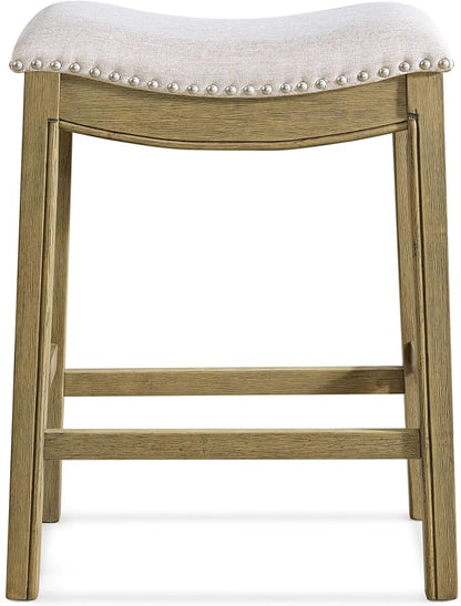ROME + OAK Parker 26 Inch Counter Stool, Backless Saddle Kitchen Barstool in Natural Wood Finish with Wheat Cream Fabric Upholstery Cushion Seat