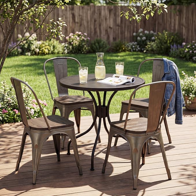 JUMMICO Metal Dining Chair Stackable Industrial Vintage Kitchen Chairs Indoor-Outdoor Bistro Cafe Side Chairs with Back and Wooden Seat Set of 4 (Gun)