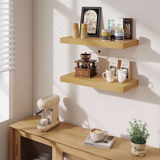 Fun Memories 24 x 10 Floating Shelves Wall-Mounted - Rustic Wood Shelf - 10 Inch Deep Floating Shelves for Wall - Large Storage Shelf for Bathroom - Kitchen & Bedroom - Oak - Set of 3