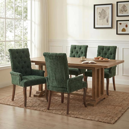 Upholstered Dining Chairs with Arms Set of 4, Olive Green, 4 Pack | Tufted Chenille Kitchen Chairs with Arms, Modern Farmhouse Armchair with Nailhead Trim for Dining Room, Home Office