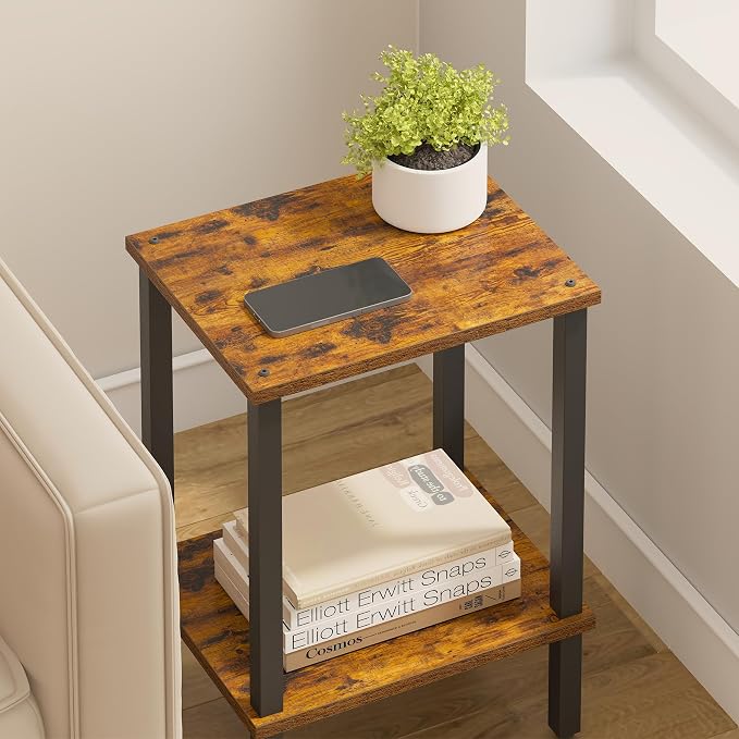 TUTOTAK End Table, Side Table, Nightstand, 2-Tier Storage Shelf, Sofa Side Table for Small Space, Living Room, Bed Room Brown and Black TB01BB034