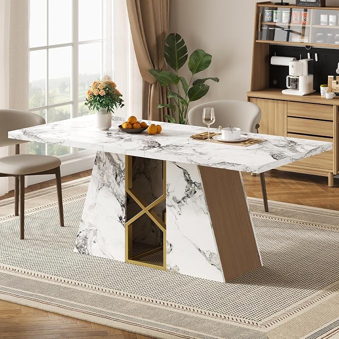 HOMISSUE 71 Inch Modern White Dining Table for 6-8 People, Large Faux Marble Kitchen and Dining Room Table,Rectanglar Dinner Table with Metal Frame for Dining Room, Living Room, White