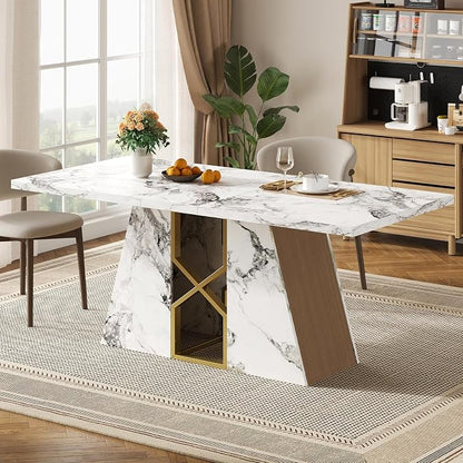 HOMISSUE 71 Inch Modern White Dining Table for 6-8 People, Large Faux Marble Kitchen and Dining Room Table,Rectanglar Dinner Table with Metal Frame for Dining Room, Living Room, White
