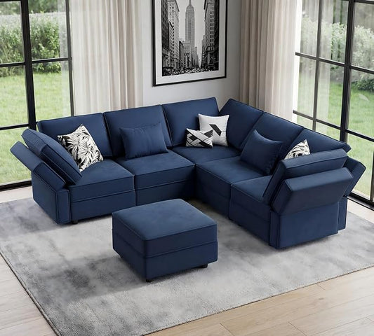 Vesgantti Sectional Couches with Storage Seats, 92" V Shaped Convertible Modular Sectional Sofa, 5 Seat & 1 Ottoman Velvet Storage Chaises Deep Seat Couch for Living Room, Bedroom, Apartment, Blue