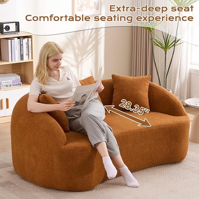 66" Curved Loveseat Sofa for Small Space, Boneless Chenille Boucle Cloud Couch, Luxury Extra High Back & Deep Seat, Oversized Comfort with No Assembly Required for Office, Dorm (Orange)