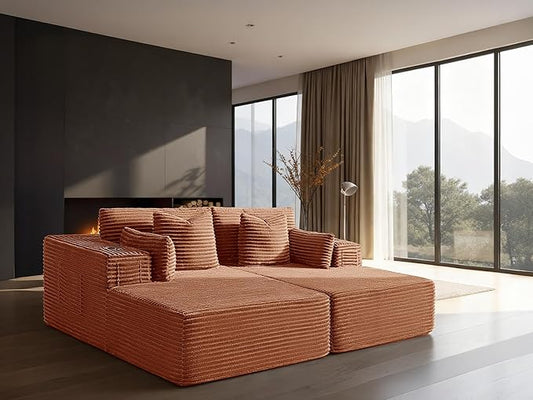 72" Cloud Sectional Couch, Comfort Sleep Sofa for Living Room, Extra Deep Seats No Assembly, Minimalist Modular Couch, Corduroy (Deep Orange, Loveseat Chaise)