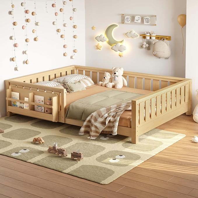 Bellemave Queen Size Floor Bed with Slats and Safety Guardrail, Queen Size Montessori Floor Bed with Fence and Built-in Bookshelf, Easy Assemble Montessori Beds for Girls, Boys, Light Natural